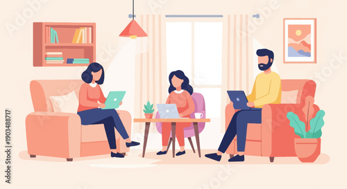 Three people working on laptops at home in a cozy living room