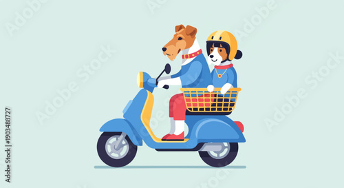 Two dogs riding a blue scooter with a basket
