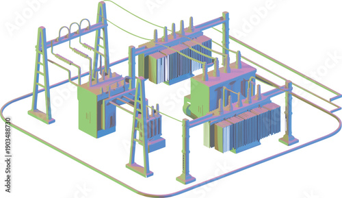 Isometric electrical power substation with transformers on dark background, colorful 3D energy distribution infrastructure, high voltage utility technology concept