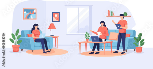 Three people working and relaxing in a modern living room with laptops