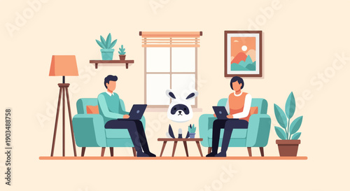 Two individuals work on laptops in a room with plants