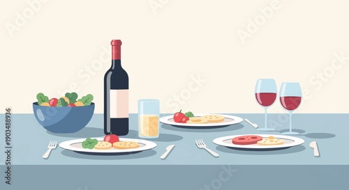 Table set with food, drinks, and place settings for a meal