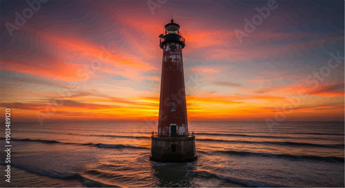 Tall brick tower stands in the ocean waves against a vibrant sunset sky