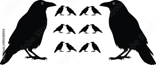 Silhouette of two ravens facing each other with smaller raven silhouettes