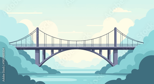 Stylized suspension bridge spanning a calm river under a cloudy sky