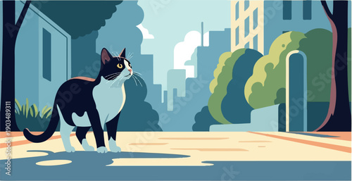 Tuxedo cat stands alert on a sunlit sidewalk, looking towards buildings