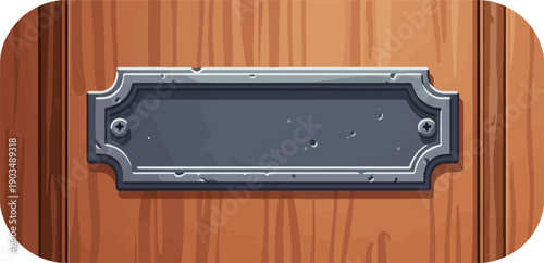 Textured wooden surface with a dark metal nameplate and visible screws