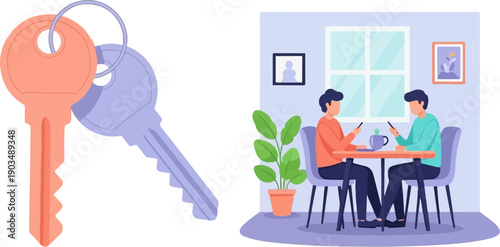 Two keys on a ring, two people sit at a table in a room