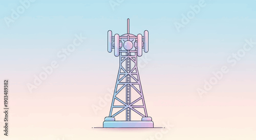 Stylized telecommunication tower against a gradient sky
