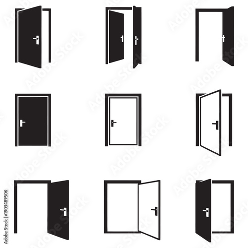 Door Icons Set, Vector Collection Minimalist Outline Style Entrance Exit Symbols Home Office Building Architecture Interior Graphic Design