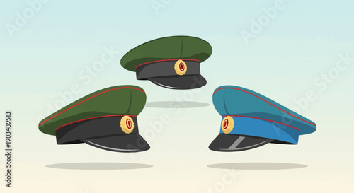 Three caps with red trim and gold emblems float in the sky