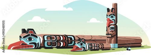 Stylized totem poles with animal faces stand in a grassy field