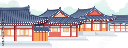 Stylized traditional East Asian buildings with blue roofs