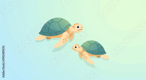 Two adorable turtles swim in a light blue and green aquatic environment