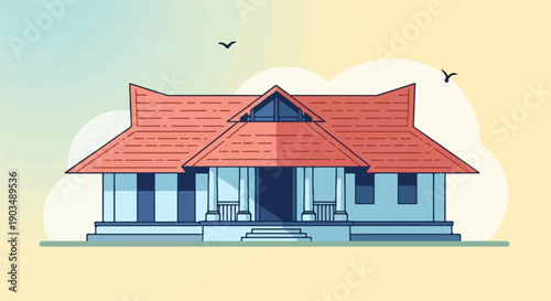 Stylized traditional house with red tiled roof and blue pillars