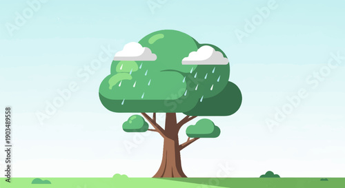 Stylized tree in the rain, with clouds and gentle downpour