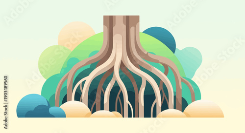 Stylized tree trunk with exposed roots against abstract rolling hills