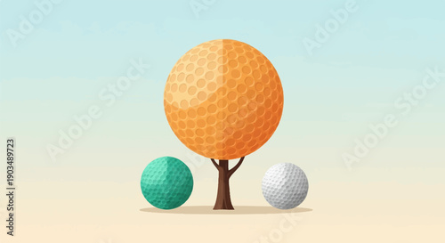 Three dimpled balls, one large orange, stand on a sandy ground under a sky
