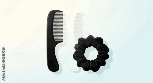 Two black combs and a black scrunchie on a gradient background