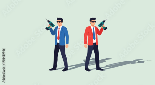 Two men in suits holding drills, one in blue, one in red