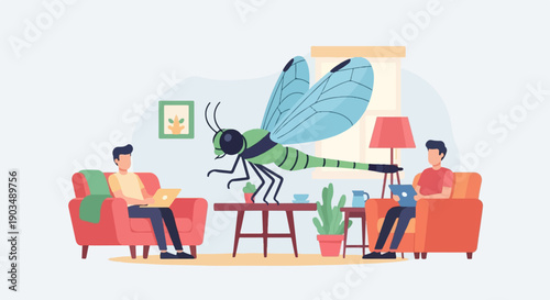 Two men relax on sofas with laptops while a large dragonfly hovers