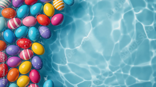 Uova di Pasqua colorate che galleggiano in acqua azzurra cristallina con spazio per testo. Generative AI 
