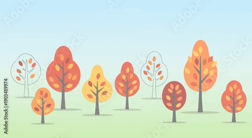 Stylized trees with autumn colors adorn a tranquil grassy field under a pale sky