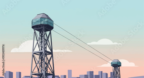 Two modern observation towers linked by cables against a gradient sky