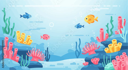 Stylized underwater scene with vibrant coral, sea plants, and colorful fish
