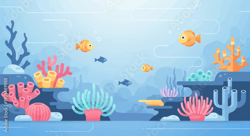 Stylized underwater scene with colorful coral and fish in a serene blue environment