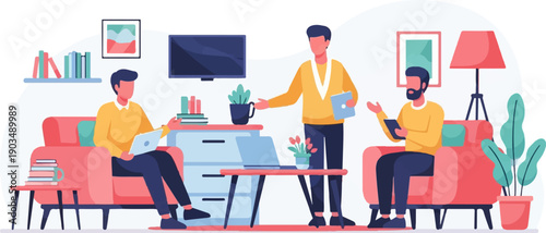 Three individuals in a room with furniture, laptops, and books