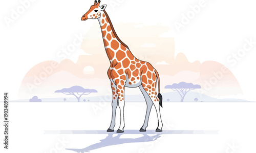 Tall giraffe stands on savanna with acacia trees under a soft sunrise