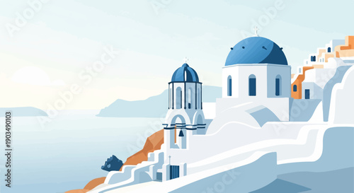 Stylized white buildings with blue domes overlooking a calm sea