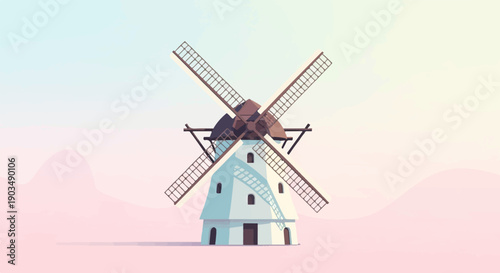 Stylized white windmill with four sails against a soft gradient sky