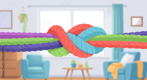 Tangled colorful ropes are knotted in a room with furniture