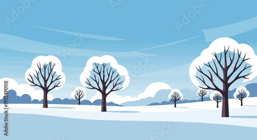 Stylized winter landscape with snow-capped trees under a pale blue sky