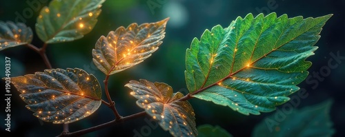 Intricate, glowing leaves imbued with otherworldly energy, radiating a mystical aura Perfect for fantasy, magical, and spiritual projects , shine, leaves, mysterious