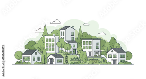 Modern Eco Village Skyline: Sustainable Houses in Green Landscape