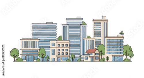 Modern Cityscape Illustration, Urban Skyline with Diverse Buildings and Green Trees