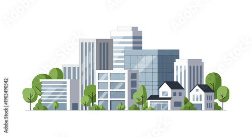 Modern Cityscape with Diverse Buildings and Green Trees, Flat Design