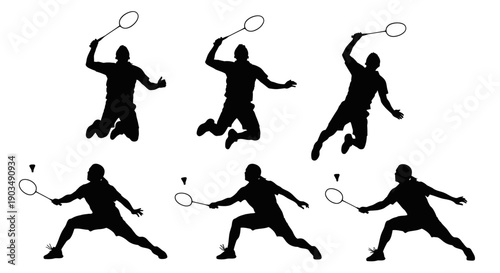 Dynamic badminton players in action with rackets and shuttlecocks