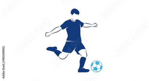 Soccer player kicking ball with dynamic blue silhouette