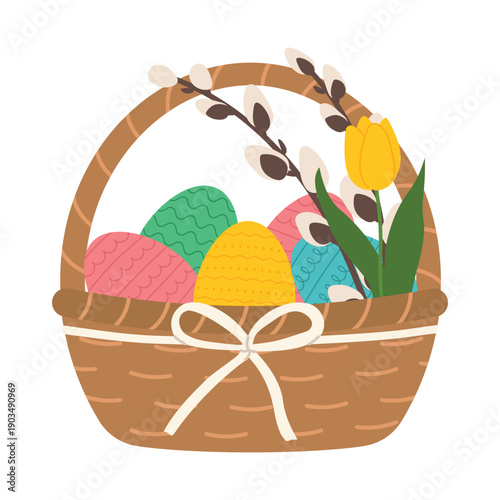 basket full with colorful easter eggs decorated with pussy willow twigs, tulip and ribbon -vector illustration