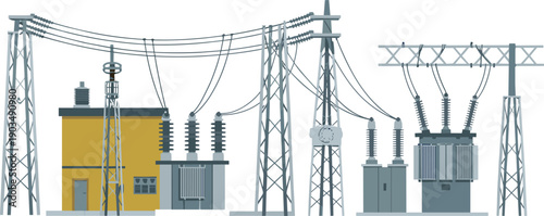 electrical power substation illustration, high voltage transmission towers and transformers, electricity distribution infrastructure, utility engineering energy network design