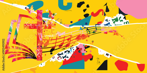 Abstract Religious Music Collage with Christian Cross, Open Bible Book, Butterflies and Musical Notes on Bright Yellow Background, Spiritual Worship Art