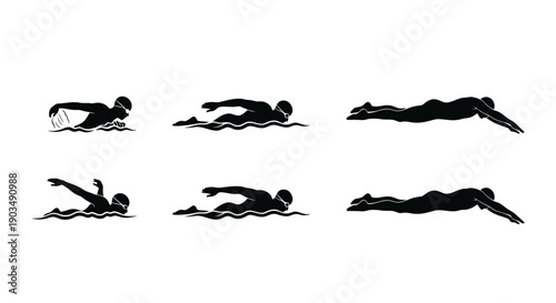 Black silhouette illustrations of swimmers in various positions