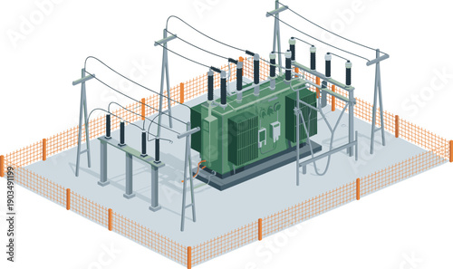 Electrical power substation with transformers isolated on white background, high voltage transmission equipment, energy distribution infrastructure, industrial engineering illustration