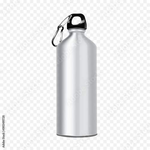 Blank metal insulated water bottle with carry handle and carabiner clip. Realistic 3d vector mockup. Stainless steel sport flask. Easy editable mock-up. Template for design