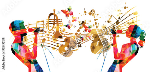 Abstract Music Duet with Male and Female Singer Silhouettes, Colorful Musical Instruments and Notes Isolated on White Background