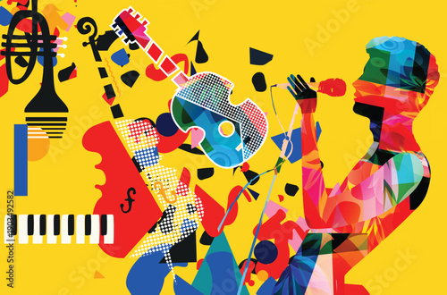 Abstract Singer Silhouette with Microphone, Colorful Music Collage with Guitar, Violin and Piano Keys on Vibrant Yellow Background